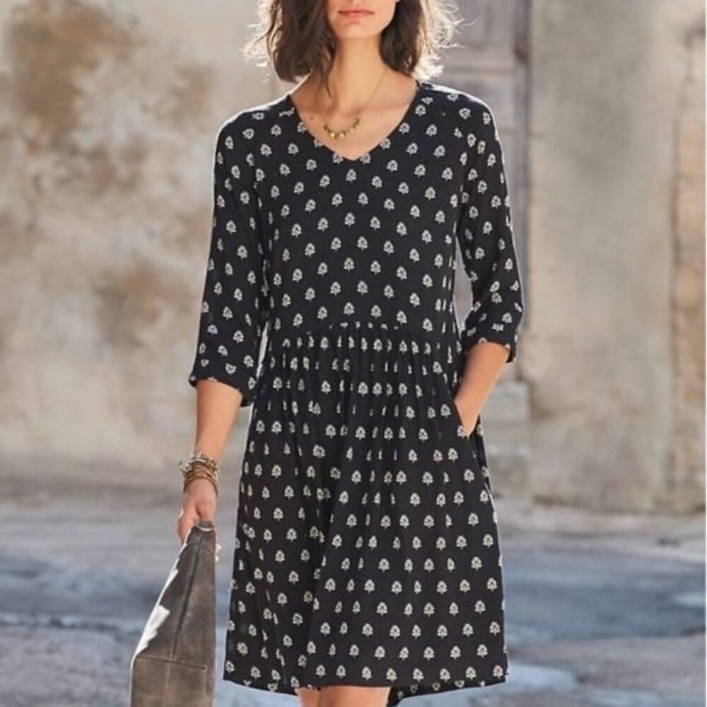 New GARNET HILL Boho Pockets Midi Dress Black Diamond Print 2